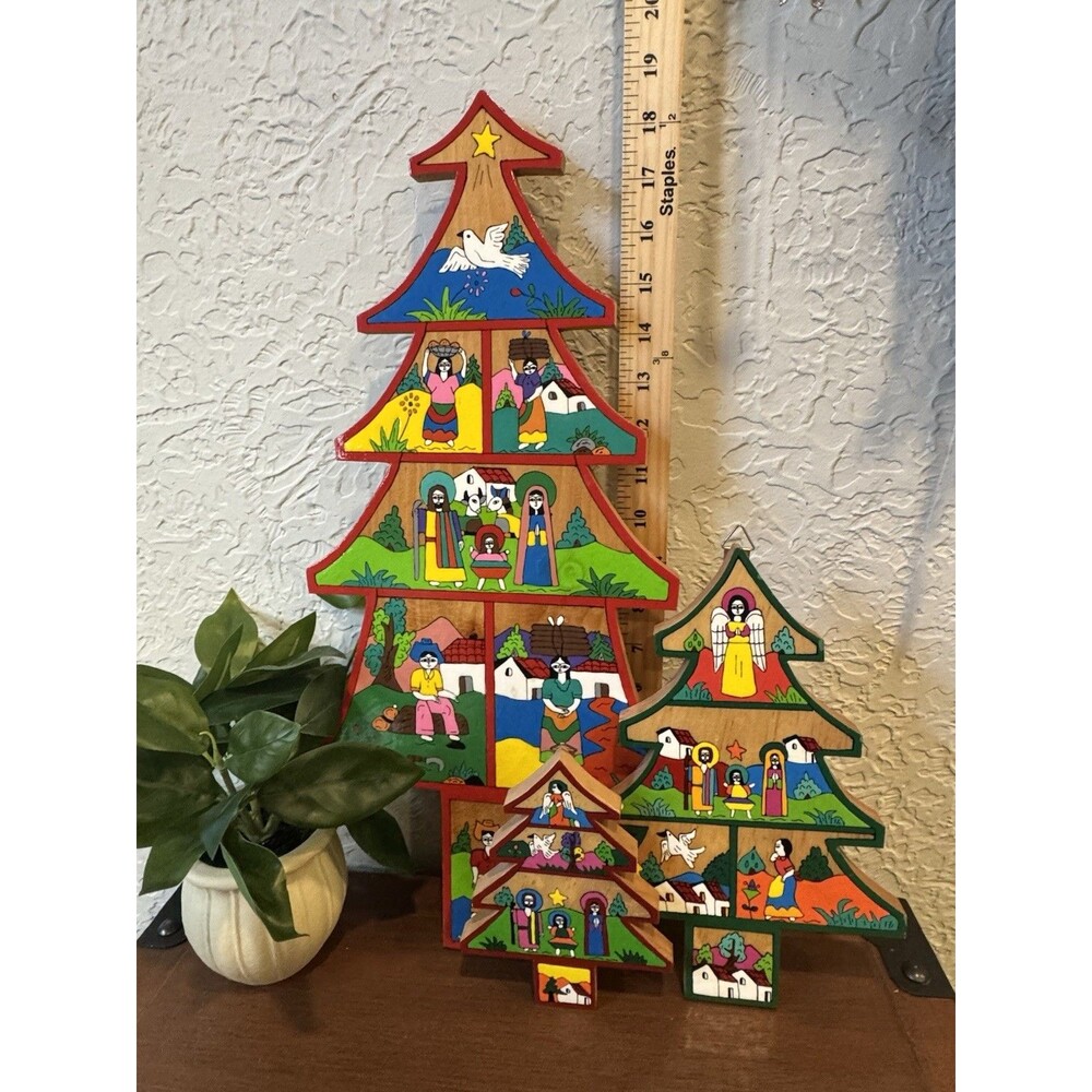 3 El Salvador Folk Art Wood Handpainted Christmas Pine Tree Artesanias Esperanza